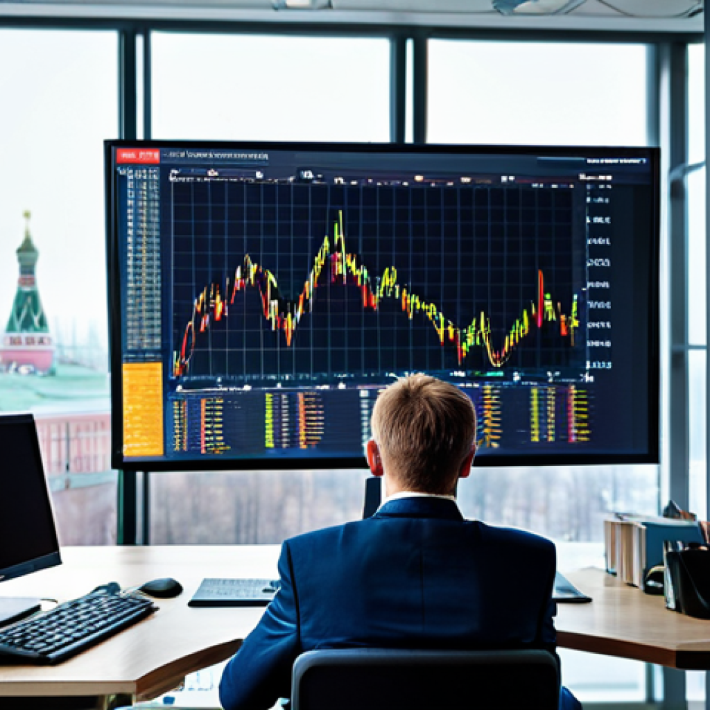 **

"A confident financial analyst in a professional business suit, working at a brightly lit desk in a modern Moscow office building, looking at stock charts on a computer screen. The background shows the cityscape of Moscow. Fully clothed, appropriate attire, safe for work, perfect anatomy, natural proportions, professional, family-friendly."

**