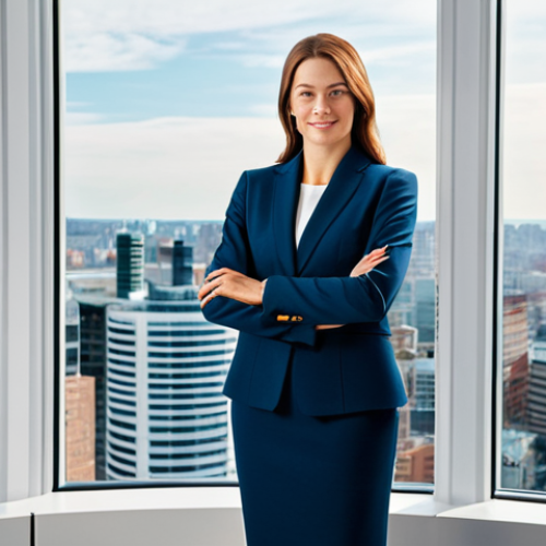 **

"A successful businesswoman in a tailored, professional skirt suit, standing confidently in a bright, modern office with large windows overlooking a cityscape, fully clothed, appropriate attire, safe for work, perfect anatomy, correct proportions, well-formed hands, proper finger count, natural body proportions, professional lighting, corporate environment, modest, family-friendly."

**