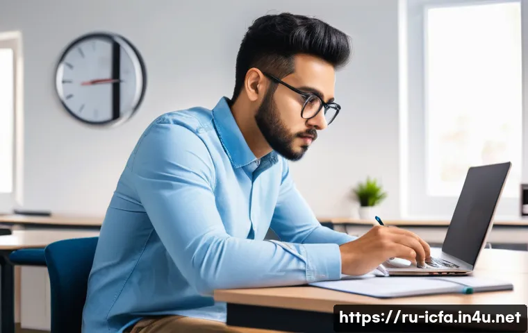 CFA 시험의 모의고사 활용법 - A focused adult male student sitting at a modern study desk in a quiet, well-lit room, wearing smart...