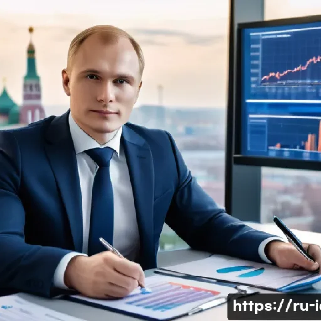 CFA와 금융권 연봉 협상의 포인트 - A professional office scene showing a confident Russian financial analyst in business attire, sittin...