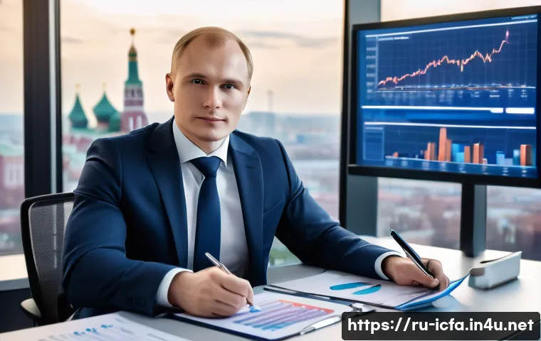 CFA와 금융권 연봉 협상의 포인트 - A professional office scene showing a confident Russian financial analyst in business attire, sittin...
