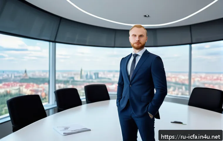 CFA 취득 후 전문성 인증 - A professional Russian financial analyst in a modern office setting, wearing business attire with a ...