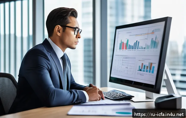 CFA 시험 중 금융 윤리 사례 - A professional financial analyst in a modern office setting, thoughtfully reviewing confidential doc...