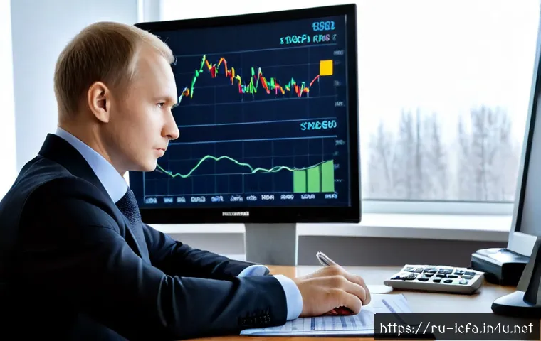Home 17 CFA로 분석하는 주식 시장 - Photorealistic financial analyst in a modern Moscow office, reviewing a clean stock market valuation...
